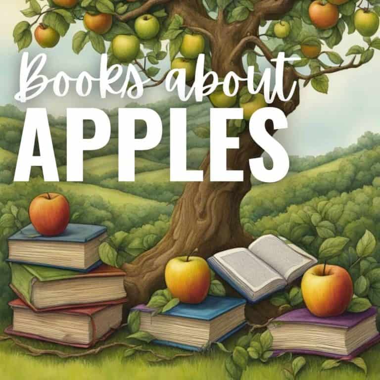 A tree full of apples stands behind stacks of books, some with apples on top. The text “Books about Apples” is written prominently across the image. This inviting outdoor scene features green hills in the background—perfect for books on apples!.