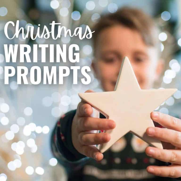 A child holds a white star-shaped ornament with both hands. The background glows with festive, blurred holiday lights. Text reads Christmas Writing Prompts—perfect inspiration for writing prompts for Christmas stories and creative fun.
