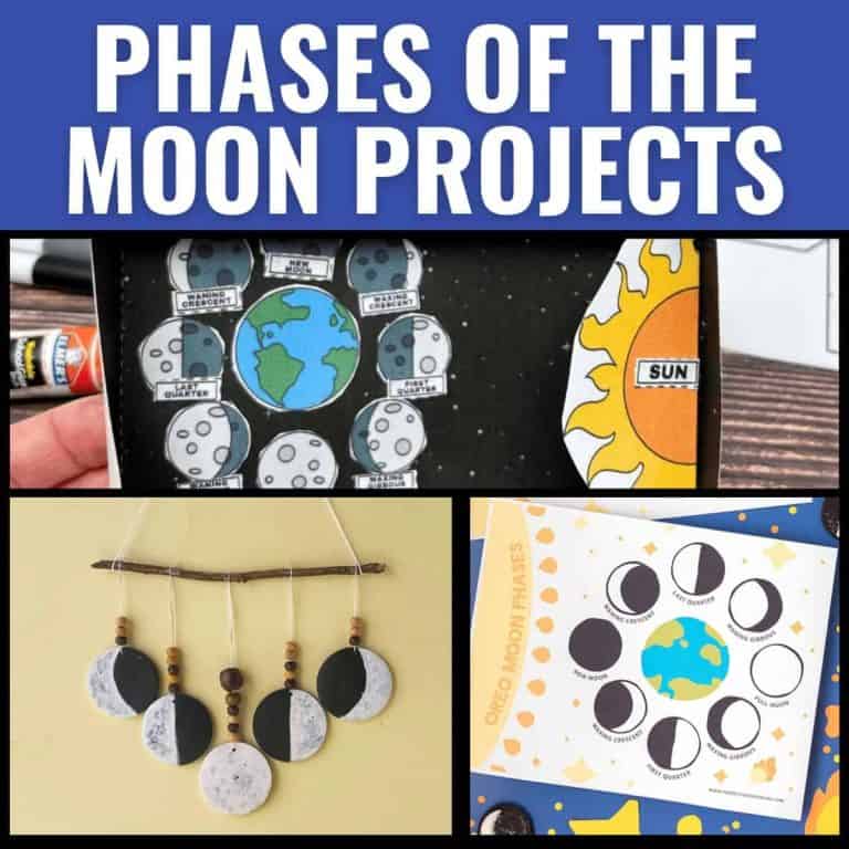 A collage displays three phases of the moon projects: a cut-and-paste diagram with Earth and Sun, a wall hanging craft, and a printed moon phases chart. Text reads, Phases of the Moon Projects.
