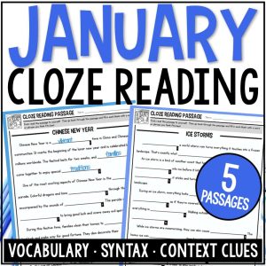 Cover of "January Cloze Reading Passages for Vocabulary, Syntax and Comprehension" featuring sample worksheets and the phrases: 5 Passages, Vocabulary, Syntax, Context Clues.