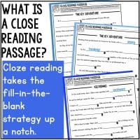 A graphic for "January Cloze Reading Passages for Vocabulary, Syntax and Comprehension" displays worksheets with fill-in-the-blank sentences and the text: “Cloze reading takes the fill-in-the-blank strategy up a notch.”.