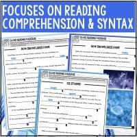 The January Cloze Reading Passages for Vocabulary, Syntax and Comprehension includes three worksheet pages titled How Snowflakes Form and Ice Storms, featuring fill-in-the-blank passages with images to boost reading skills.