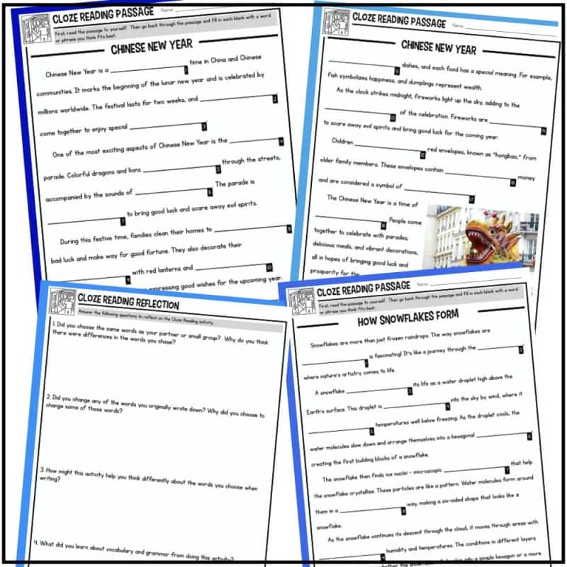 Cloze Reading January Cover.005 The January Cloze Reading Passages for Vocabulary, Syntax and Comprehension includes four fill-in-the-blank worksheets on the Chinese New Year and snowflake formation, each with blue borders; one features a photo of a Chinese dragon parade float.