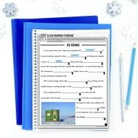 The January Cloze Reading Passages for Vocabulary, Syntax and Comprehension product is shown with an Ice Fishing worksheet resting on blue folders beside two pencils and three snowflake decorations, featuring a cloze passage and a green ice fishing hut photo.