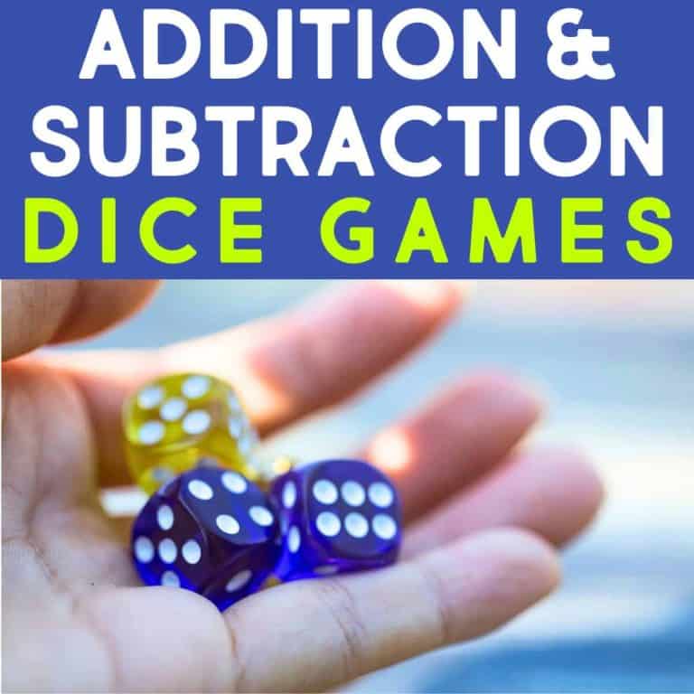 A hand holds four translucent dice, two yellow and two blue, with the text Addition & Subtraction Dice Games above—perfect for fun addition and subtraction dice games.