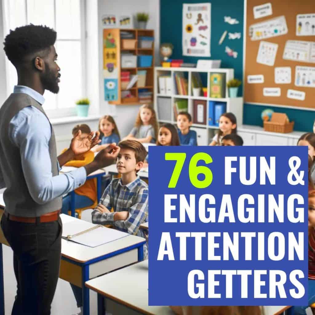 a teacher standing front of the class getting their attention.