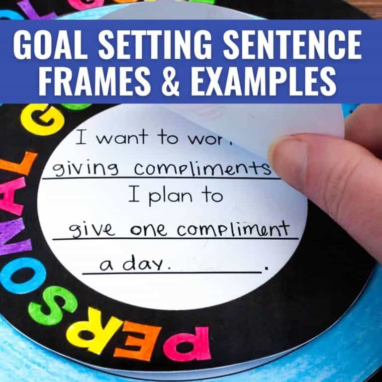 A hand lifts a flap on a colorful paper wheel labeled Personal Goals, revealing text: I want to work on giving compliments. This is a great example of using goal setting sentence frames to set daily intentions.