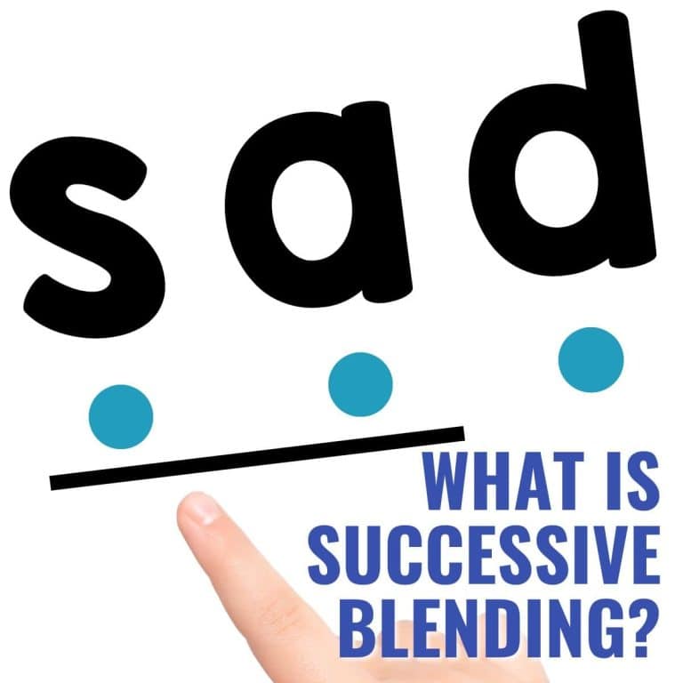 The word sad is shown with blue dots beneath each letter and a black line under the dots. A finger points to the line, illustrating successive blending. Text reads: WHAT IS SUCCESSIVE BLENDING?.