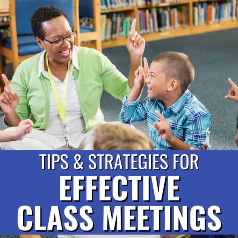 A teacher and young students sit in a circle on the floor, smiling and raising their index fingers during classroom meetings. Text overlay reads, Tips & Strategies for Effective Class Meetings. Bookshelves are visible in the background.