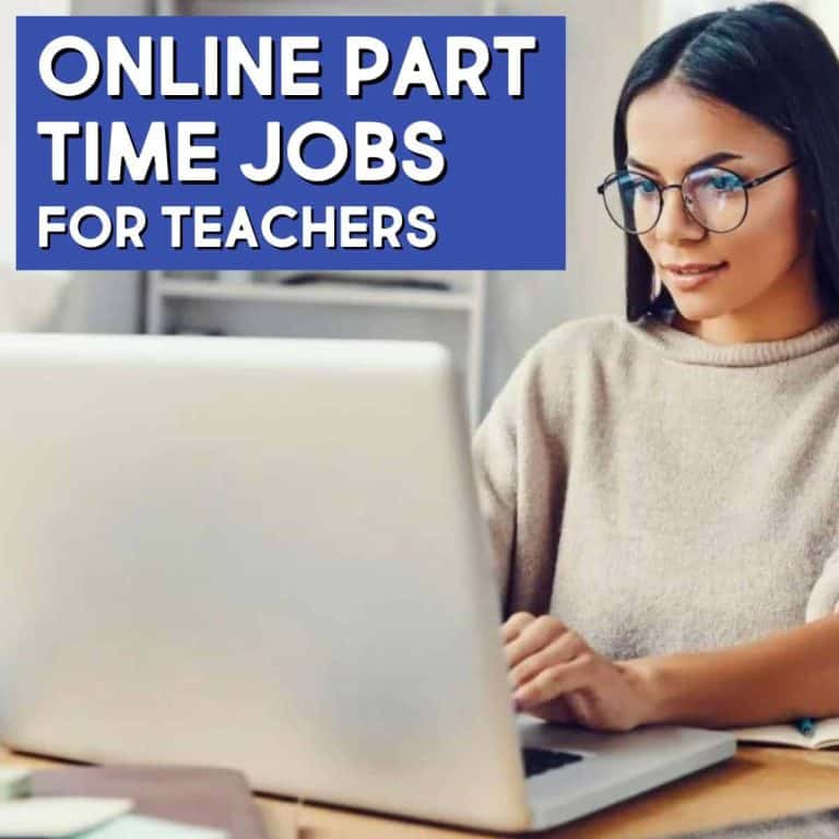 A woman wearing glasses types on a laptop at a desk. Text on the image reads, Online part time jobs for teachers.