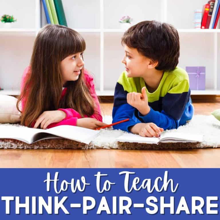 Two young children lie on the floor facing each other, talking and smiling with open books in front of them. Text at the bottom reads, How to Teach think-pair-share.