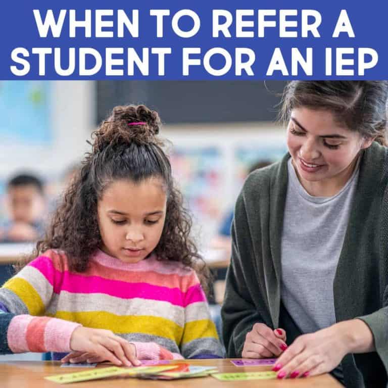 A teacher sits beside a young student in a classroom, helping her with reading. Text above reads, When to refer a student for an IEP.