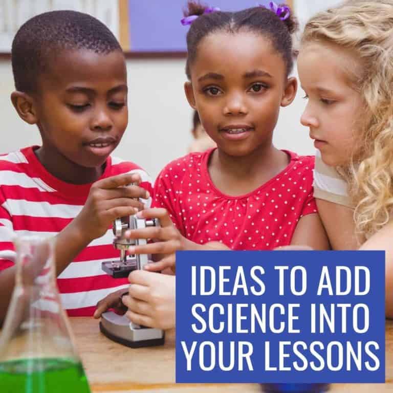 Three children use a microscope together in a classroom, with a green liquid in a flask nearby. A text box reads, Ideas to Add Science Into Your Lessons.
