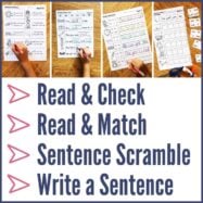 Four Short Vowel CVC Sentence Writing Worksheets for kids, featuring activities such as reading, checking, matching, unscrambling sentences, and writing. Includes bold captions: Read & Check, Read & Match, Sentence Scramble, Write a Sentence.