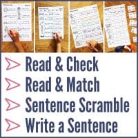 Four Short Vowel CVC Sentence Writing Worksheets for kids, featuring activities such as reading, checking, matching, unscrambling sentences, and writing. Includes bold captions: Read & Check, Read & Match, Sentence Scramble, Write a Sentence.