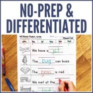 Short Vowel CVC Sentence Writing Worksheets feature fill-in-the-blank sentences using words like “jet,” “bug,” “gem,” and “bed.” Includes engaging visuals and a sample with someone writing “hat.” Perfect to pair with long o resources. NO-PREP & DIFFERENTIATED.