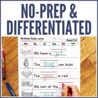 Short Vowel CVC Sentence Writing Worksheets feature fill-in-the-blank sentences using words like “jet,” “bug,” “gem,” and “bed.” Includes engaging visuals and a sample with someone writing “hat.” Perfect to pair with long o resources. NO-PREP & DIFFERENTIATED.