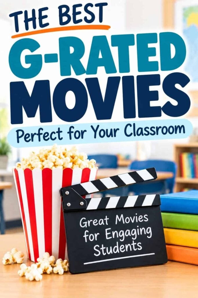 A striped popcorn bucket, a stack of books, and a movie clapperboard display the message: Great Movies for Engaging Students. In bold above, it reads: G-Rated Movies for Students—Perfect for Your Classroom. Explore our carefully selected collection of classroom-appropriate G-rated movies that are both entertaining and suitable for students.