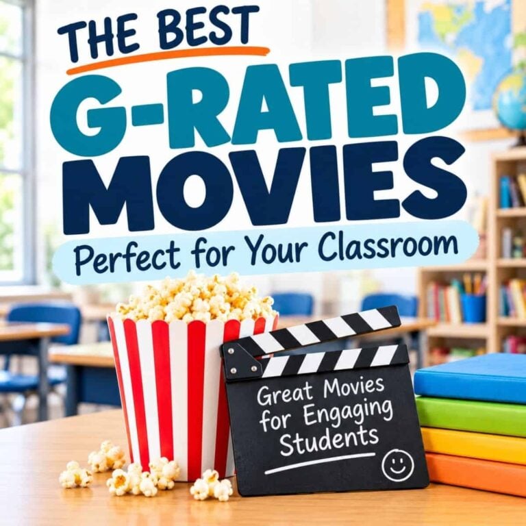 A striped popcorn bucket and clapperboard sit on a classroom desk. Text reads: The Best G-rated Movies for Kids—Perfect Picks for Your Classroom. Discover engaging, inspiring films that your students will love!.