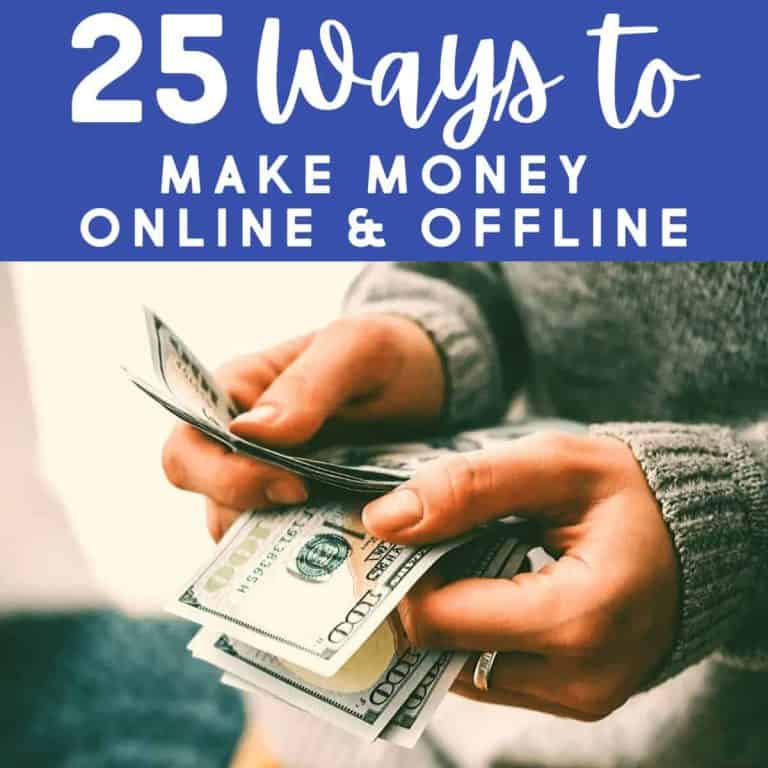 A person in a gray sweater counts a stack of U.S. 100 dollar bills. Above, text reads: 25 Ways to Make Easy Money Online & Offline on a blue background.