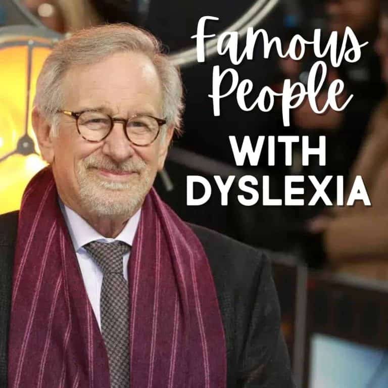 An older man with glasses and gray hair smiles while wearing a suit, striped tie, and purple scarf. Overlaid text reads, Famous people with dyslexia.