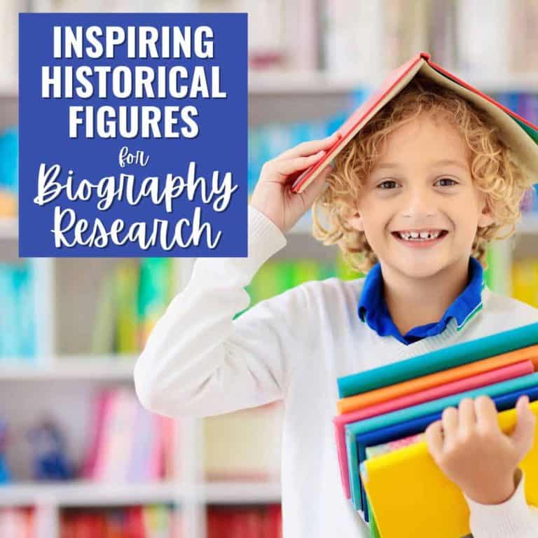 Smiling child holding colorful books with an open book on their head, standing in a library. Text reads: Inspiring people to write a biography about for your research.