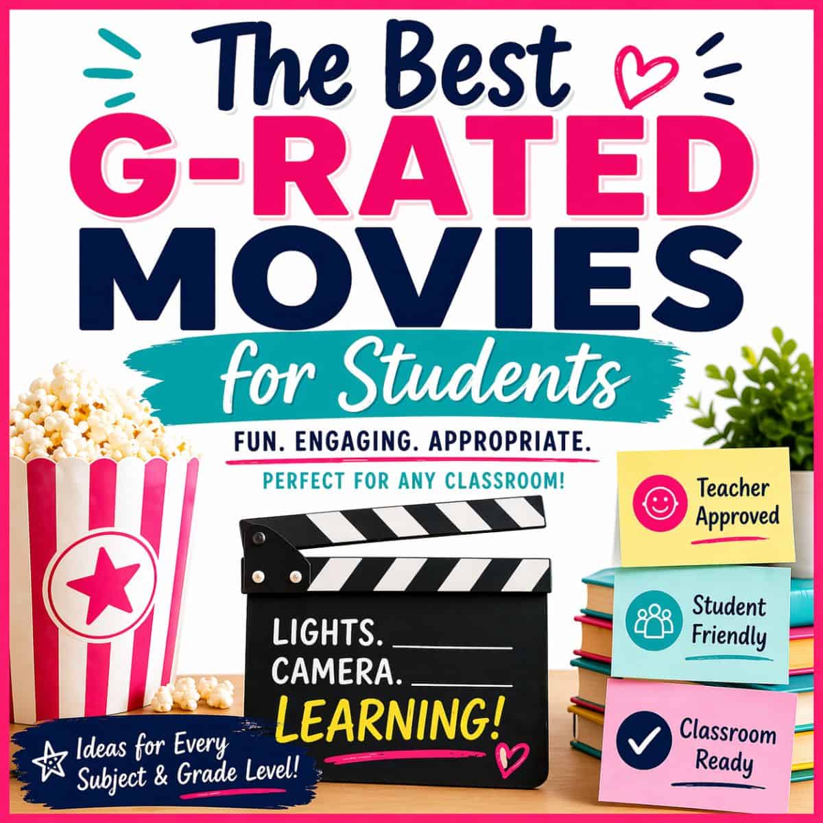 Colorful graphic with "the best g rated movies for kids (1)". Fun, engaging, and classroom-appropriate! Includes popcorn, a movie clapboard, and sticky notes: Teacher Approved, Student Friendly, Classroom Ready.