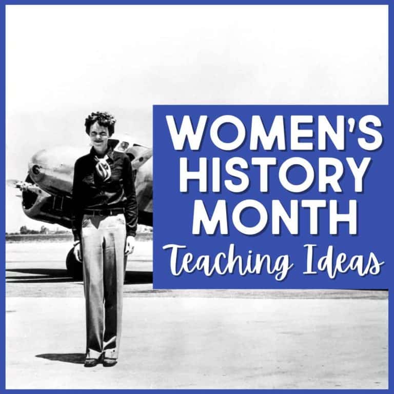 A vintage black-and-white photo of a woman standing in front of an airplane, next to a large blue square containing the text “Women’s History Month Teaching Ideas” in bold white letters.