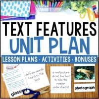 Colorful classroom supplies border an educational graphic that reads Text Features Unit Plan: Lesson Plans • Activities • Bonuses. Below, examples of glossary and photograph text features are highlighted with handwritten notes and images.