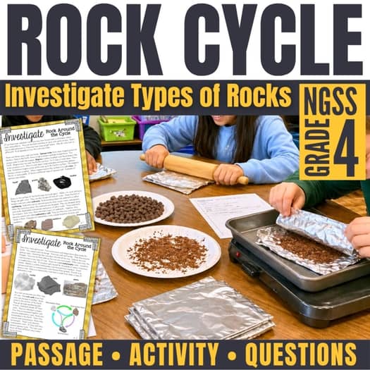 Three children model rocks in a science activity using baking trays, rolling pins, and foil. The image promotes a Grade 4 NGSS-aligned passage, rock cycle diagram, hands-on activity, and questions covering different rock types.