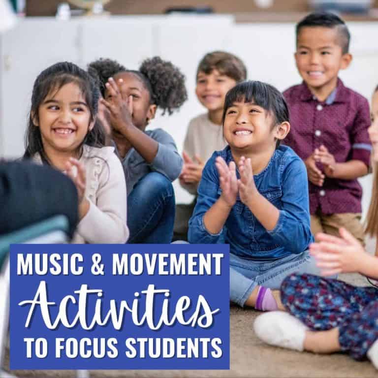 A group of young students sitting on the floor, smiling and clapping, with text overlay that reads, Music & Movement Student Focus Activities.