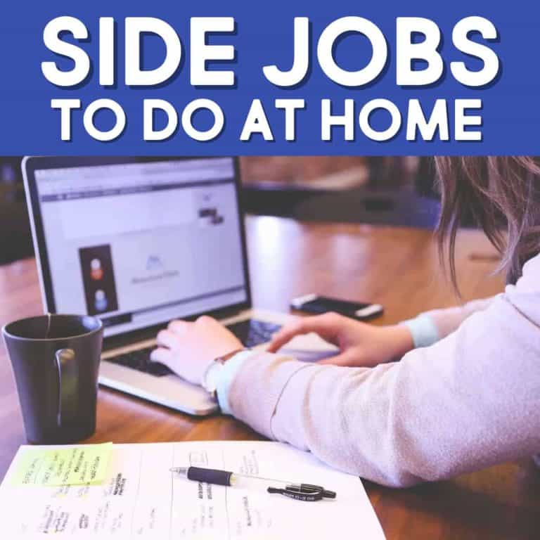 Person typing on a laptop at a wooden table with a coffee mug and notebook, with the text Side Jobs to Do at Home in bold letters at the top, perfect for anyone looking into side jobs from home.