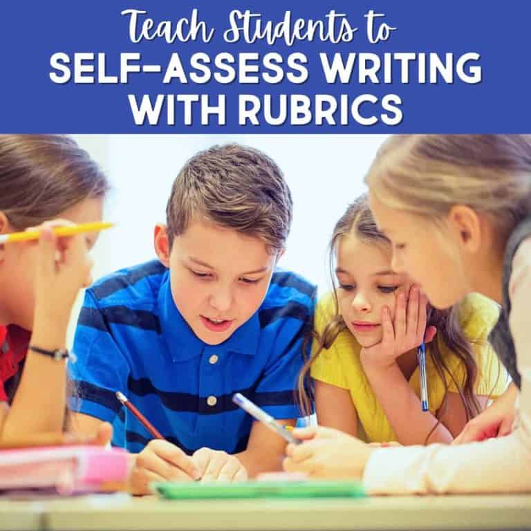 Four children sit together at a table, discussing and writing, with the text: “Teach Students to Self-Assess Writing With Rubrics” displayed above them on a blue background.