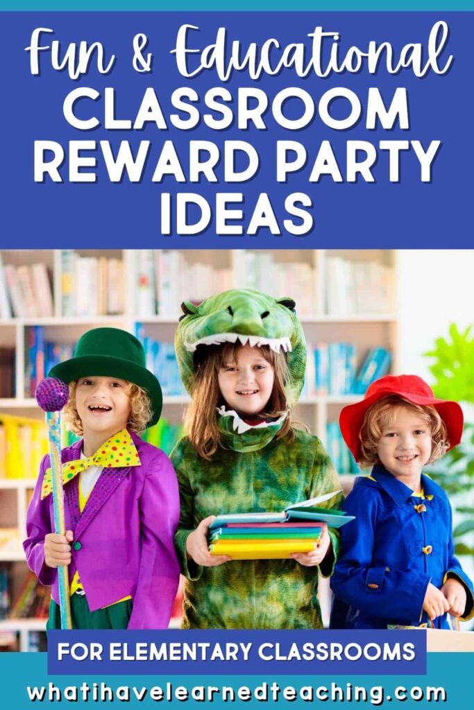 16 Classroom Reward Party Ideas for Elementary Students 1 Three smiling children in colorful costumes, including a dinosaur, stand in a classroom holding props. Text above reads: Classroom Parties. Bookshelves are in the background—perfect inspiration for anyone seeking creative classroom party ideas.