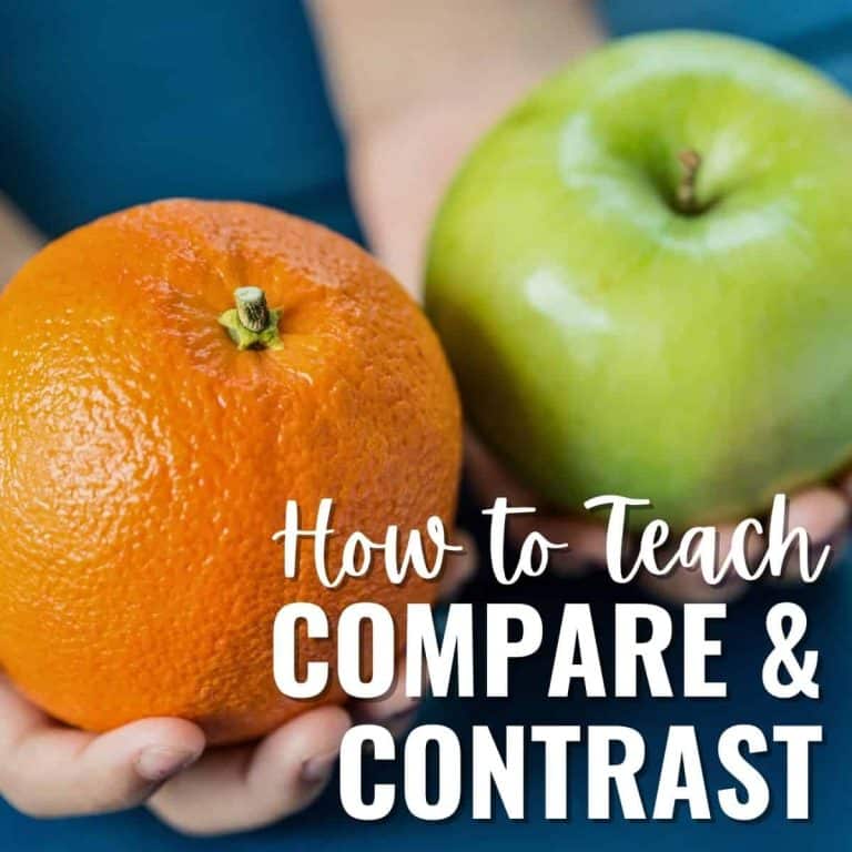 Two hands holding an orange and a green apple side by side, with "How to teach compare and contrast" as the title and book suggestions for teaching this concept displayed at the bottom of the image.