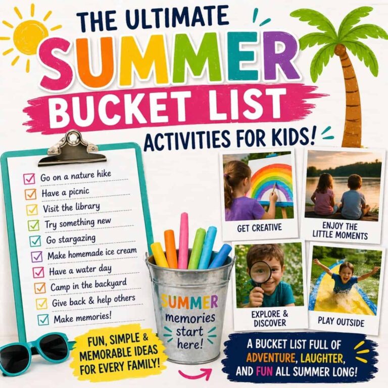 Summer bucket list activities for kids: a colorful graphic with a checklist, playful child photos, rainbow, palm trees, and bright text inspiring creative outdoor family adventures all summer.