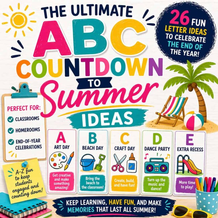 Vibrant graphic titled "ABC ideas for summer countdown," featuring suggestions like Art Day, Beach Day, Craft Day, Dance Party, and Extra Recess, paired with playful beach and summer-themed illustrations.
