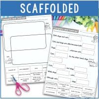 Two Compare and Contrast Paragraphs & Reading Passages worksheets are shown: one with blank charts, another with fill-in-the-blank sentences. Scissors, crayons, and plants are nearby. “SCAFFOLDED” appears at the top for academic language support.