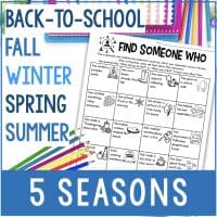 The Find Someone Who BUNDLE - Community Building Activities for All Seasons sits on a desk with colored pencils and notebooks. The text includes: Back-to-School, Fall, Winter, Spring, Summer, and 5 Seasons.