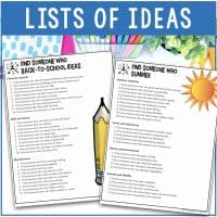 Two printed worksheets from the Find Someone Who BUNDLE - Community Building Activities for All Seasons are displayed on a colorful desk with stationery. A sun icon and "Lists of Ideas" header appear at the top.