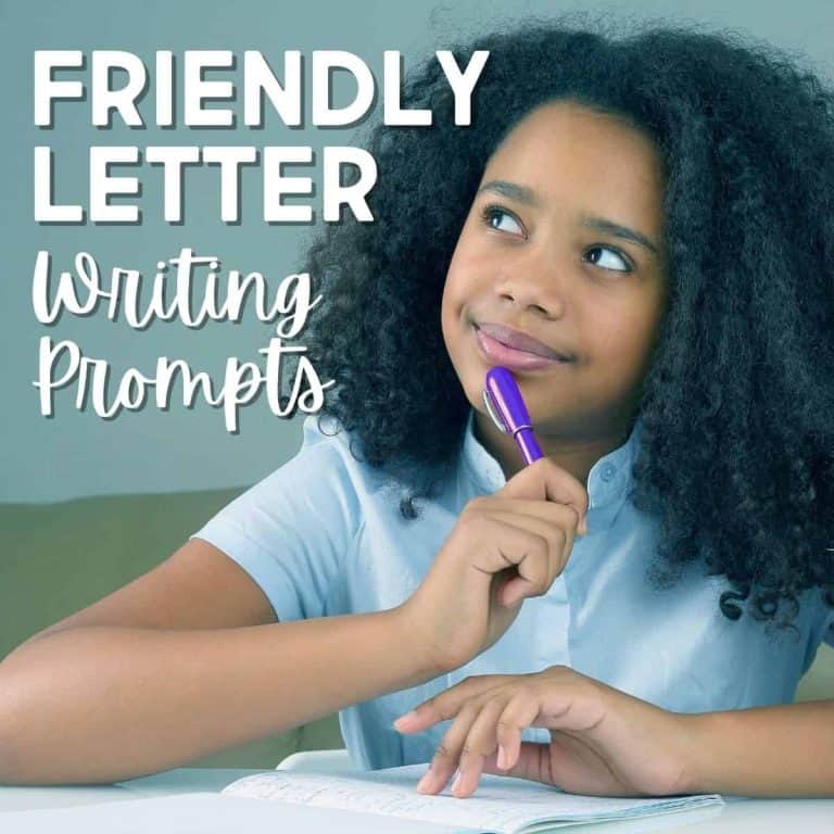 A young girl with curly hair smiles thoughtfully while writing in a notebook, using SQAURE Friendly Letter Writing Prompts for Kids. Text on the image: Friendly Letter Writing Prompts.