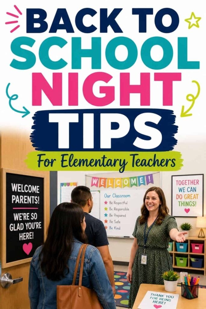Back to School Night for Elementary Teachers: A Complete Agenda 1 A smiling teacher welcomes two adults in a vibrant classroom at back-to-school night. Signs display messages from the PIN Back to School Night Tips: Welcome Parents!, Together We Can Do Great Things!, Be Respectful, Responsible, Safe, and Kind.