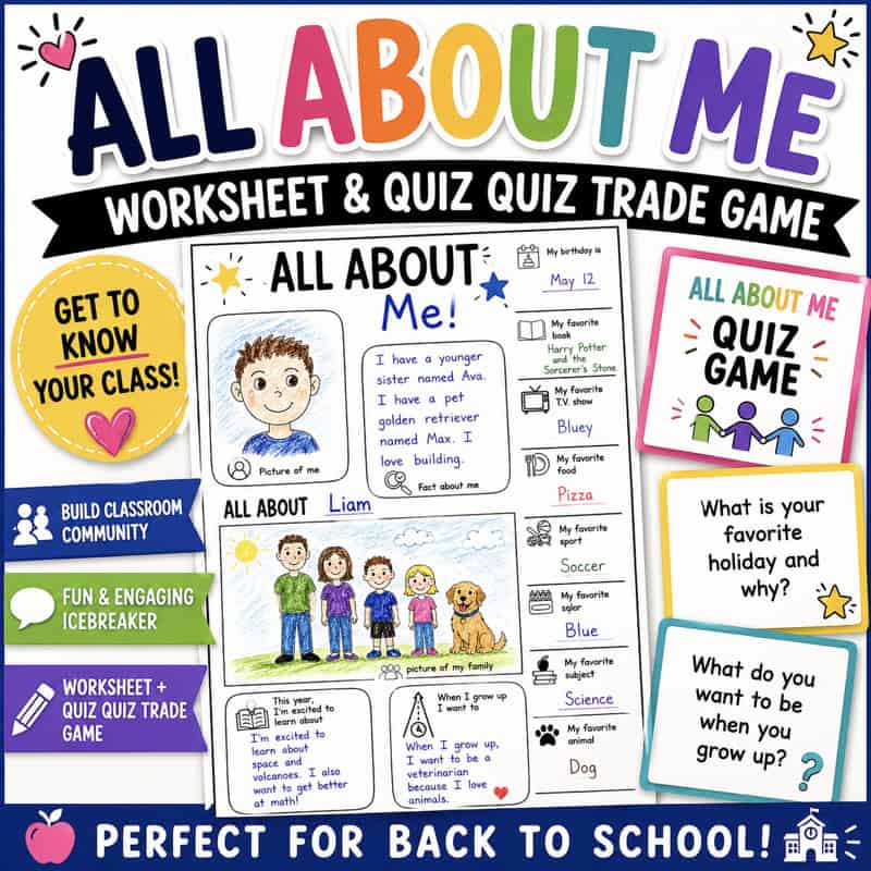 Colorful ad for "All about me cover and thumb.001," a back-to-school worksheet and quiz game with sample drawings, all about me questions for elementary students, and icons for classroom use, icebreakers, and community building.