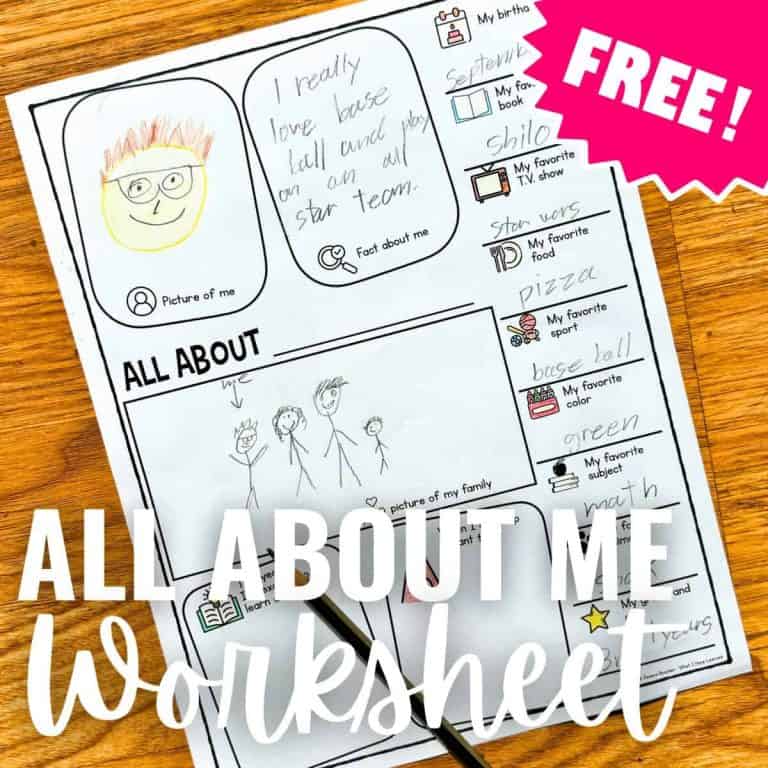 An “All About Me” worksheet filled in with drawings and answers, including a self-portrait, family picture, favorite things, and fun facts. This engaging all about me worksheet features a “FREE!” label in the top right corner.