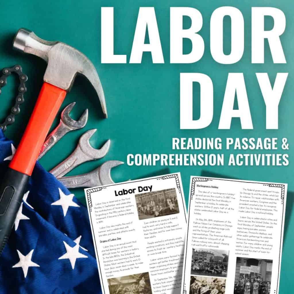 A hammer and wrenches rest on a blue fabric with white stars. Text reads Labor Day - Reading Passage & Comprehension Activities, highlighting engaging worksheets that help students explore the significance of Labor Day.