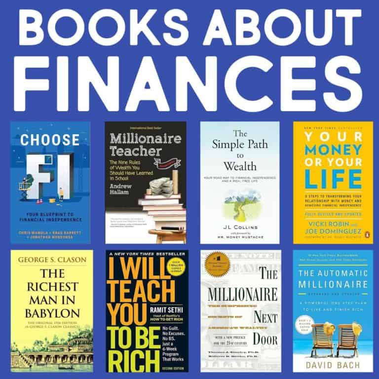 A grid of eight popular books about finance sits under the heading Books About Finances, featuring covers of favorites like Choose FI, Millionaire Teacher, Your Money or Your Life, and more.