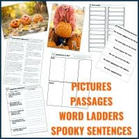 A collage of Halloween Words Shades of Meaning Vocabulary lesson plans and writing activities with worksheets, pumpkin photos, word ladders, and sorting charts; text reads: PICTURES, PASSAGES, WORD LADDERS, SPOOKY SENTENCES in orange letters.