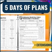 The Halloween Words Shades of Meaning Vocabulary Lesson Plans Writing Activities product includes a binder with 5 days of plans, a "Halloween Words Day 1: Word Relationships & Vocabulary" page, and highlights a + EXTENSIONS section.