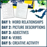 The Halloween Words Shades of Meaning Vocabulary Lesson Plans Writing Activities features worksheets, a bat cutout, and plant images. Lessons include word relationships, picture descriptions, adjectives, verbs, and a creative activity for each day.