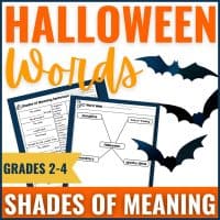 Halloween Words Shades of Meaning Vocabulary Lesson Plans Writing Activities for grades 2-4. Includes worksheets with word webs, sentences, black bat graphics, and bold orange/white text—perfect for fun Halloween-themed learning.